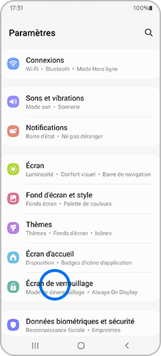 Aperçu de l’écran Paramètres avec l’option « Écran de verrouillage ».