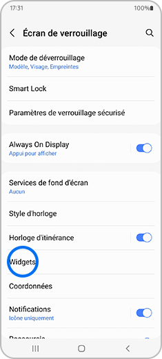 Aperçu du menu « Écran de verrouillage » avec l’option « Widgets ».