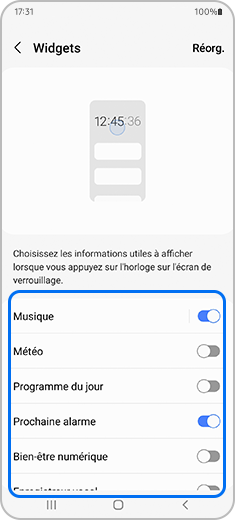 Aperçu de l’application « Widgets » avec le commutateur pour la musique.