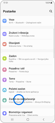 Prikaz zaslona Postavke s označenom opcijom „Zaslon za zaključavanje”.