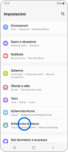 Vista della schermata Impostazioni con l’opzione “Schermata di blocco” evidenziata.
