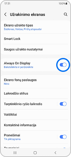 “Užrakinimo ekranas” meniu su paryškintu “Always on Display” perjungimo mygtuku.