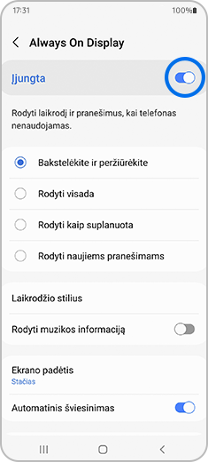 “Always on Display” ekranas su paryškintu perjungimo mygtuku.
