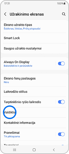 “Užrakinimo ekranas” ekranas su paryškintu “Valdikliai” pasirinkimu.