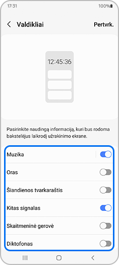 “Valdikliai” programėlė su paryškintu muzikos perjungimo mygtuku.