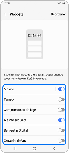 Vista da aplicação “Widgets” com o botão de alternar da música realçado.