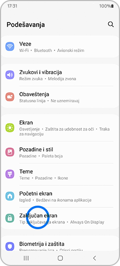 Prikaz ekrana Podešavanja sa istaknutom opcijom „Zaključan ekran“.