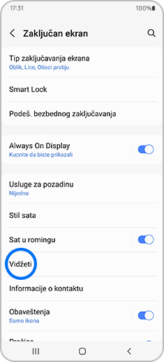 Prikaz ekrana „Zaključan ekran“ sa istaknutom opcijom „Vidžeti.“