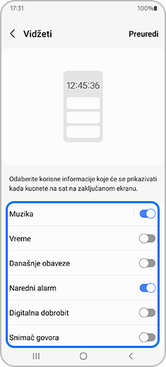 Prikaz aplikacije „Vidžeti“ sa istaknutim preklopnim dugmetom muzika.