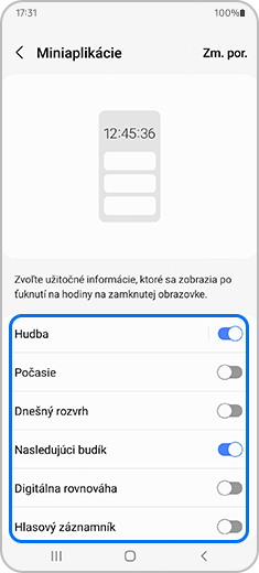 Zobrazenie obrazovky „Miniaplikácie“ so zvýrazneným prepínačom položky hudba.