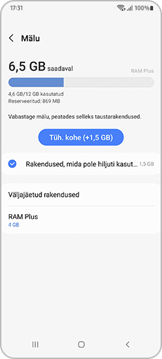 Seadmehoolduse „Mälu” ekraan.