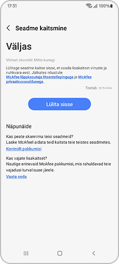 Seadmehoolduse „Seadme kaitsmise” ekraan.