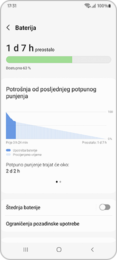 Prikaz značajke „Baterija” u značajki Podrška za uređaj.