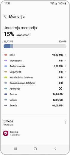 Prikaz značajke „Pohrana” u značajki Podrška za uređaj.