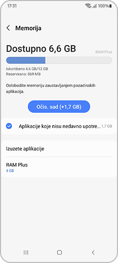 Prikaz zaslona „Memorija” značajke Podrška za uređaj.