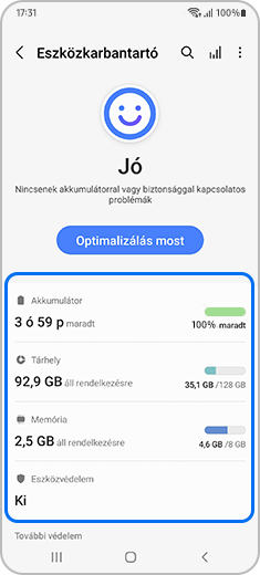 Kép az „Akku- és eszközkarbantartó” funkció kezdőlapjáról, amelyen kiemelve láthatóak az opciók.
