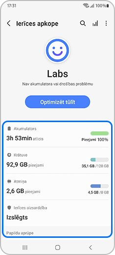 Skats uz funkcijas Ierīces apkope galveno ekrānu ar iezīmētām iespējām.