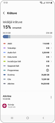 Skats uz ekrānu "Krātuve" opcijā Ierīces apkope.