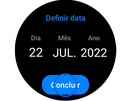 Vista do ecrã de “Definir data” com destaque para o botão “Concluir”.