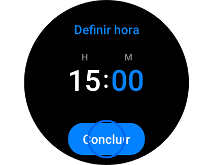 Vista do ecrã de “Definir hora” com destaque para o botão “Concluir”.