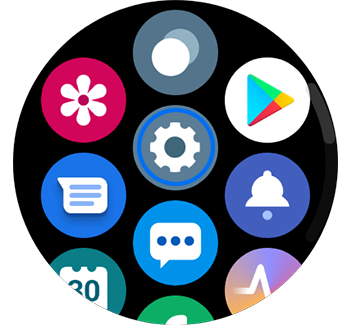 Вид экрана приложений на смарт-часах Galaxy Watch4 с выделенным значком«Настройки».