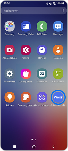 Vue d'un écran d'accueil avec l'application Galaxy Wearable en évidence.