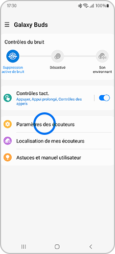 Vue de l'écran « Galaxy Buds » avec « Paramètres des écouteurs » en évidence.