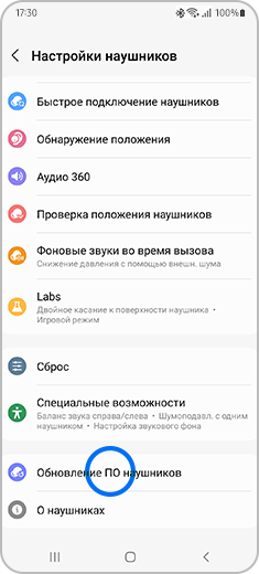 Экран «Настройки наушников» с выделенным элементом «Обновление ПО наушниках».