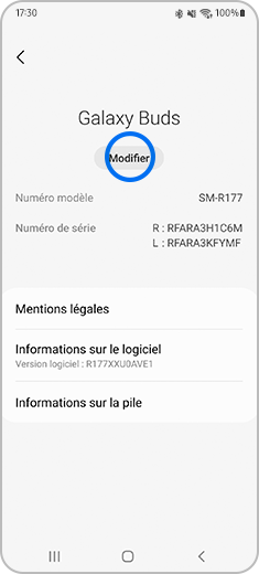 Vue de l'écran « À propos des écouteurs » avec l'option « Modifier » en évidence.