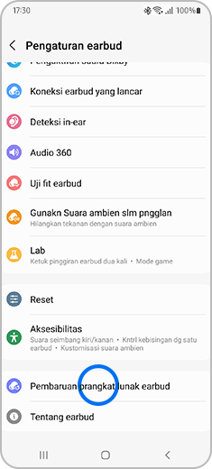 Tampilan layar "Pengaturan earbud" dengan "Pembaruan prangkat lunak earbud" disorot.