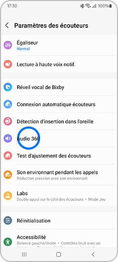 Aperçu de l'écran « Paramètres des écouteurs » avec l'option  « audio 360 ».
