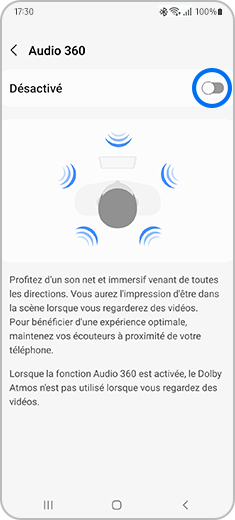 Aperçu de l'écran « Paramètres des écouteurs » avec l'option  « audio 360 ».