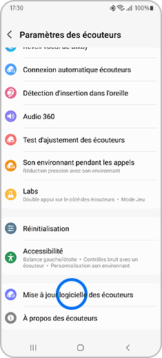 Aperçu de l'écran « Paramètres des écouteurs » avec l'option  « audio 360 ».