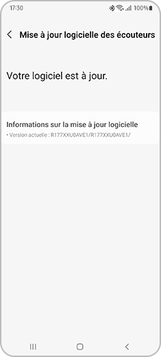 Aperçu de l'écran « Mise à jour logicielle des écouteurs » où vous pouvez vérifier la version actuelle des Galaxy Buds.