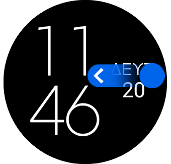 Εμφάνιση της αρχικής οθόνης του Galaxy Watch4 μέσω σάρωσης προς τα αριστερά από τη δεξιά πλευρά της οθόνης.