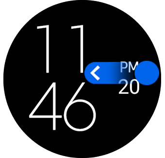 Galaxy Watch4 sākuma ekrāna skats ar pavilkšanas žestu pa kreisi no ekrāna labās puses.