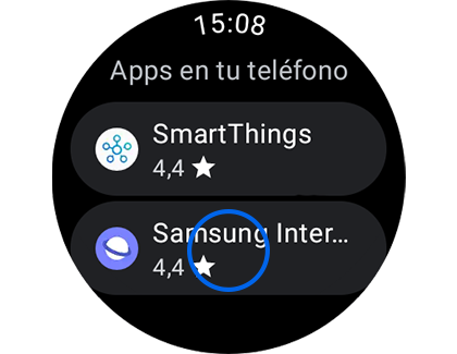 Vista de la pantalla "Aplicaciones en tu teléfono" con la aplicación "Samsung Internet" resaltada.
