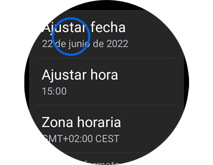 Vista de la pantalla de fecha y hora con la opción "Ajustar fecha" resaltada.