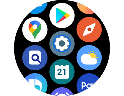 Weergave van het menu van een Galaxy Watch met het pictogram Instellingen gemarkeerd.