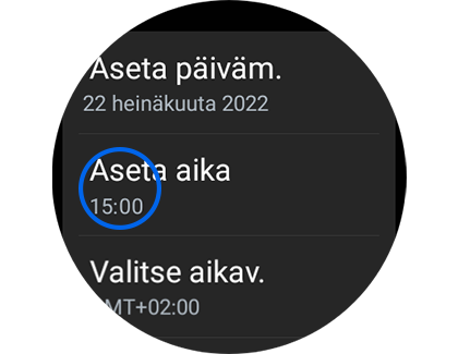 Kuva päivän ja ajan näytöstä "Aseta aika" korostettuna.
