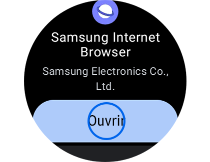 Vue de l'écran de l'application Samsung Internet avec le bouton « Ouvrir » en évidence.