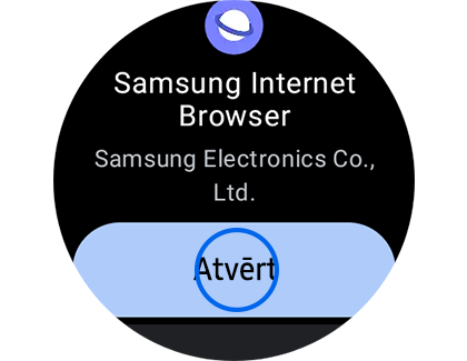 Lietotnes Samsung internets ekrāns ar izceltu pogu "Atvērt".