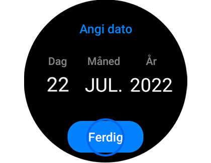 Bilde av skjermbildet “Angi dato” med knappen “Ferdig” uthevet.
