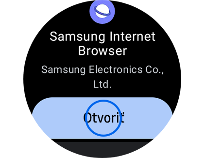 Zobrazenie obrazovky aplikácie Internet Samsung so zvýrazneným tlačidlom „Otvoriť“.