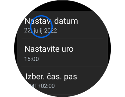 Zobrazenie obrazovky Dátum a čas so zvýraznenou možnosťou „Nastaviť dátum“.
