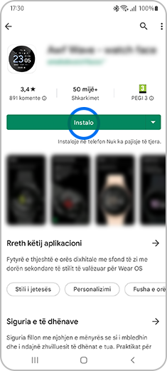 Pamja e fushës së zgjedhur e orës, me një prekje të butonit “Instalo”.