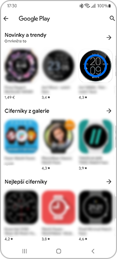 Obrázek znázorňující obrazovku „Google Play“, na níž je vyznačen jeden z dostupných ciferníků.