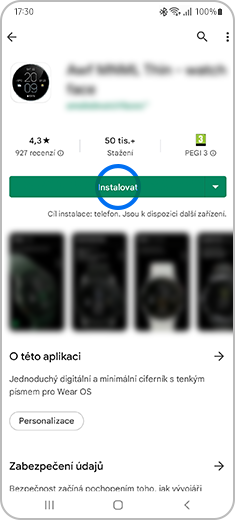Obrázek znázorňující vybraný ciferník s vyznačeným tlačítkem „Instalovat“.