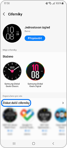 Obrázek znázorňující obrazovku „Ciferníky“ na chytrém telefonu.