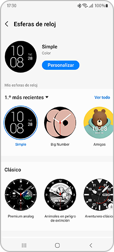 Vista de la pantalla "Esferas de reloj" en un smartphone.